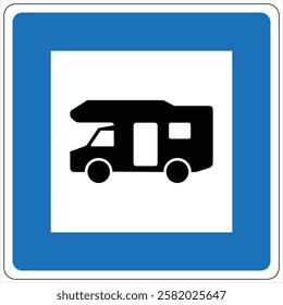 Blue and white sign indicating motorhome parking area.