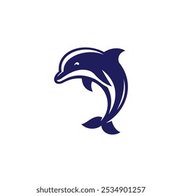 A blue and white silhouette of a dolphin jumping out of the water