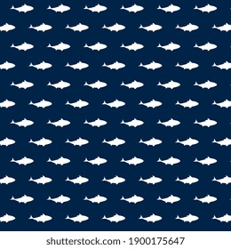 Blue and white simple fish seamless pattern backdrop. Two-tone underwater scene, sea-life background for mural, brochures, fabric, mural, upholstery, wallpaper, textile prints and gift wrapping paper.