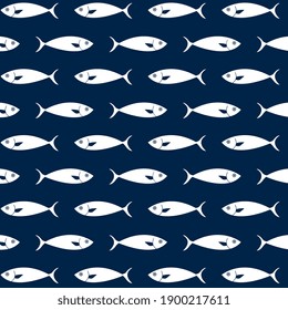 Blue and white simple fish seamless pattern background. Two-tone ocean scene, sea creature backdrop for banner, brochures, fabric, mural, upholstery, wallpaper, textile prints and gift wrapping paper.