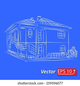 blue and white sketch of cottage country house  isolated on white background vector illustration