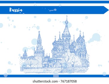 Blue and white sketch red square moscow orthodox church