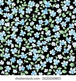 Blue and white small flowers on a black background, tiny flower seamless pattern vector illustration, doodle summer, kids and baby designs for print fabric.