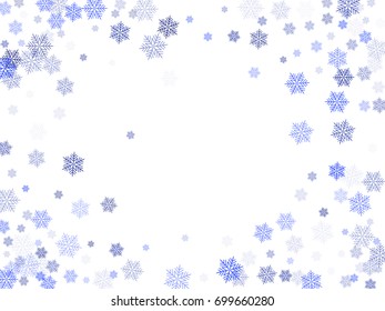 Blue and white snow flakes falling winter tale vector background. Snowflake macro vector illustration, water freezing parts, snow flakes confetti chaotic scatter. Winter Christmas snow background. 
