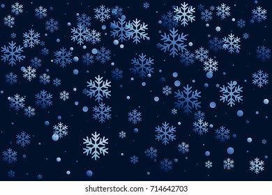 Blue and white snow flakes falling winter vector background. Snowflake macro vector illustration, confetti chaotic scatter.