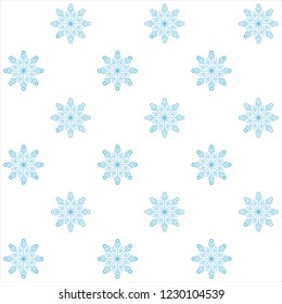 Blue and white snow flakes pattern. Graphic illustration. Christmas wallpaper. Modern print for wrapping paper or greeting card. Modern flat winter background.