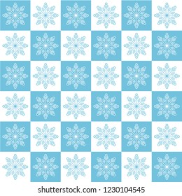 Blue and white snow flakes pattern. Graphic illustration. Christmas wallpaper. Modern print for wrapping paper or greeting card. Modern flat winter background.