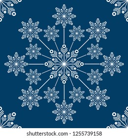 Blue and white snow flakes pattern. Graphic illustration. Christmas wallpaper. Modern print for wrapping paper or greeting card. Modern flat winter background.