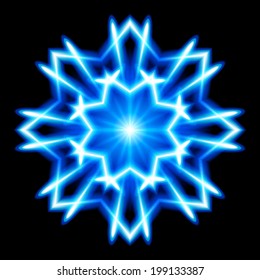 Blue and white snowflake. Bright. Black background.