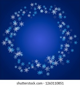 Blue and white snowflake confetti round shape on blue background. 
Snowflake template greeting card for New Year and Christmas celebration.