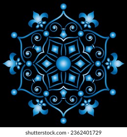 patrón de adorno de copos de nieve azul y blanco sobre fondo negro