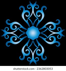 blue and white snowflake ornament pattern on a black background