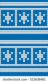 Blue and white snowflakes knitted background. Winter knitting pattern. Seamless. Vector