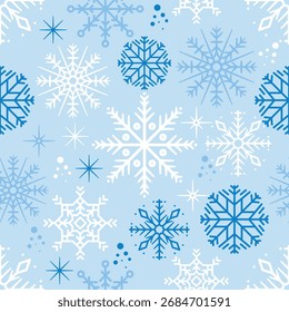 Blaue und weiße Schneeflocken Nahtloses Muster. Winterurlaub Wiederholter Hintergrund mit Eiskristallen. Vektormuster Schnee und Frost.