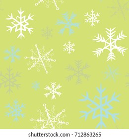 Blue and white snowflakes seamless pattern. Vector illustration on light green background