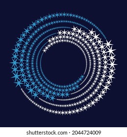 Blue and white snowflakes in spiral. Halftone background like Yin and Yang symbol.