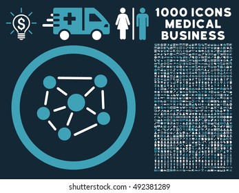 Blue And White Social Graph vector bicolor rounded icon. Image style is a flat icon symbol inside a circle, dark blue background. Bonus clip art is 1000 medical business pictograms.