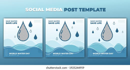 Blue and white social media post template. World Water Day design. Set of social media post template with Blue abstract design. Good template for Online campaign design.