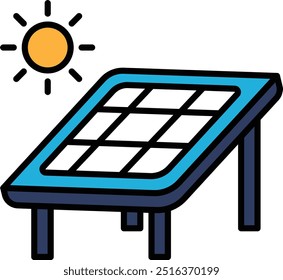 A blue and white solar panel with a sun shining on it. Concept of energy and sustainability