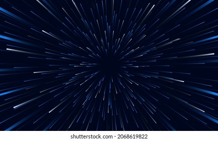 Blue And White Speed Lights Abstract Background Travel Through Time And Space. Fast Movement Hyper Speed Dark Blue Backdrop. Motion Lines Abstract Futuristic Vector Background.