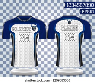 blue and white sport wear protection equipment vector illustration.layout football sport t-shirt design. Template front, back view. Soccer kit national team shirt mock up and number for edit.

