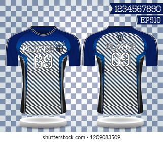 blue and white sport wear protection equipment vector illustration.layout football sport t-shirt design. Template front, back view. Soccer kit national team shirt mock up and number for edit.
