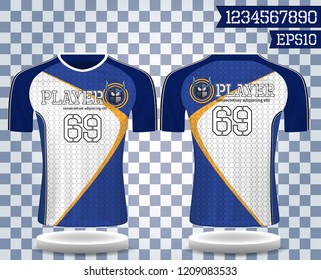 blue and white sport wear protection equipment vector illustration.layout football sport t-shirt design. Template front, back view. Soccer kit national team shirt mock up and number for edit.
