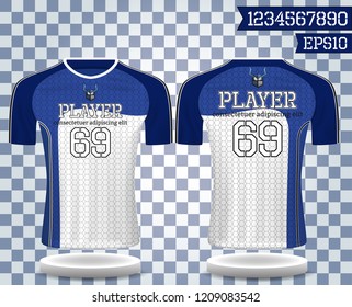 blue and white sport wear protection equipment vector illustration.layout football sport t-shirt design. Template front, back view. Soccer kit national team shirt mock up and number for edit.
