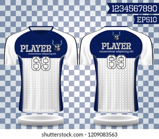 blue and white sport wear protection equipment vector illustration.layout football sport t-shirt design. Template front, back view. Soccer kit national team shirt mock up and number for edit.
