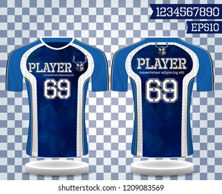 blue and white sport wear protection equipment vector illustration.layout football sport t-shirt design. Template front, back view. Soccer kit national team shirt mock up and number for edit.
