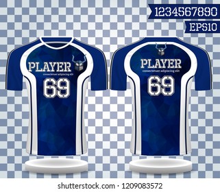blue and white sport wear protection equipment vector illustration.layout football sport t-shirt design. Template front, back view. Soccer kit national team shirt mock up and number for edit.
