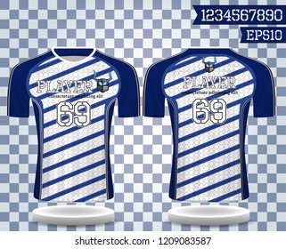 blue and white sport wear protection equipment vector illustration.layout football sport t-shirt design. Template front, back view. Soccer kit national team shirt mock up and number for edit.
