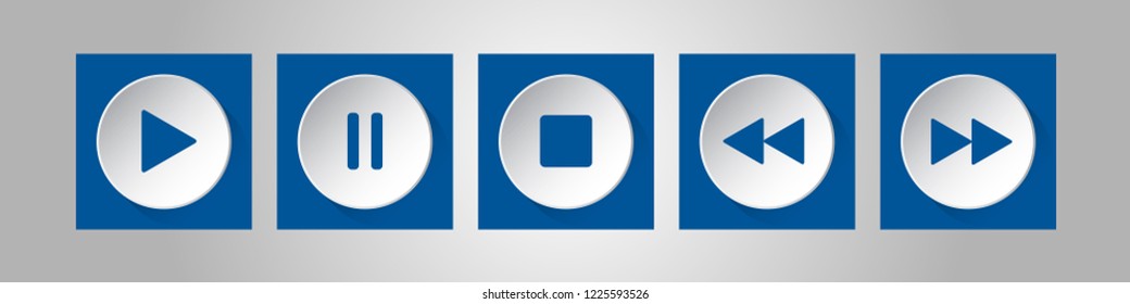 blue, white square music control buttons set - five icons with shadows in front of a silver background