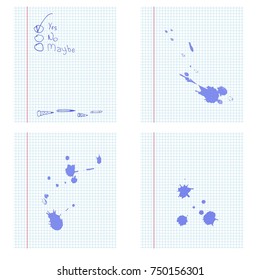 Blue and white squared paper sheet with ink spots. Vector background.