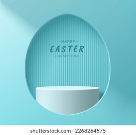 Blue white stand product podium happy easter day 3D background in egg shape window. Pastel minimal wall scene mockup product cylinder stage showcase, Promotion display. Abstract vector geometric form.