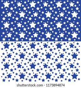 Blue and white stars seamless pattern. Monochrome abstract vector texture with scattered stars. Blue stars on a white background. White stars on a Blue background. Vector illustration.