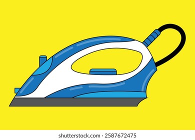 Blue and white steam iron with electric cord vector illustration