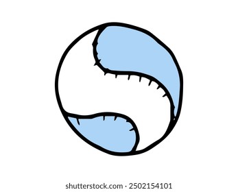 Blue and white stitched baseball hand-drawn illustration isolated on a white background. Concept of sports equipment, baseball game, minimalist style, design element, icon.
