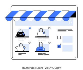Portada de la tienda en azul y blanco con listados de bolsos, barra de búsqueda e iconos de selección. Ideal para comercio electrónico, tiendas en línea, venta minorista, compras digitales y Diseño web. Limpio, moderno estilo de Vector.