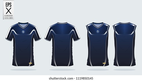 Blue and white stripe t-shirt sport design template for soccer jersey, football kit and tank top for basketball jersey. Sport uniform in front and back view. Tshirt mock up for sport club. Vector