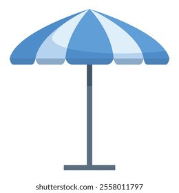 Blue and white striped beach umbrella protecting from the sun on a clear summer day