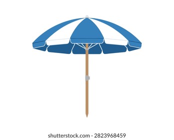 Blue and white striped beach umbrella isolated on white background for summer