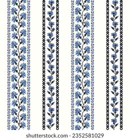 A blue and white striped border with floral patterns