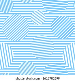 Blue and white striped circles simple bold geometric hypnotic seamless pattern, vector background