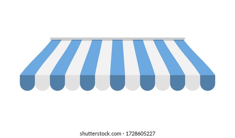 Blue and white striped sunshade awning, Outdoor awning, Banner background, Vector illustration isolated on white background.