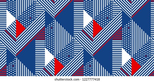 Blue and white stripes modern geometric seamless pattern. Repeatable motif with striped and polka dot textures. Vector illustration.