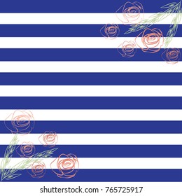 Blue and white stripes pattern with doodle roses and leaves. Preppy, cute, nautical design. Background, backdrop, cover, print, decor, card, invitation.