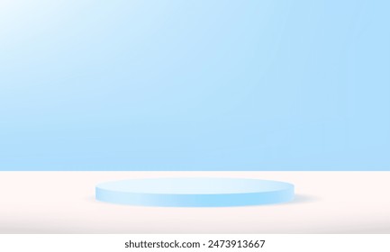 Blau-weißer Studioraum-Hintergrund. Blaue Hintergrund Vektorgrafik 3d mit Podium. Minimale Szene für die Produktpräsentation. Leerer Raum mit Lichteffekt. Ständer für Produkte. Vektorillustration.