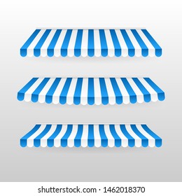 Blue and white sunshade. Outdoor awnings for cafe and shop window isolated vector set. Tent sunshade for market, stripe summer scallop for store illustration