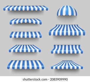 Blue and white sunshade. Outdoor awnings for cafe and shop window vector set isolated svg